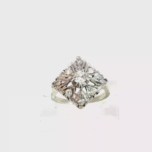 Art Deco Diamond Cocktail Ring in 14k White Gold