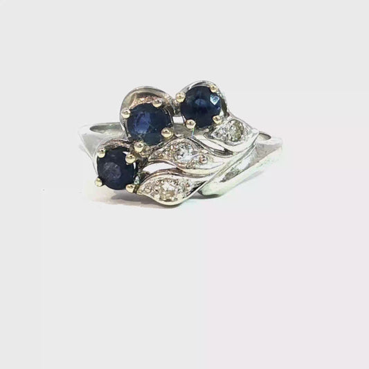 Deep Blue Sapphire and Diamond Accent Leaf Motif Ring