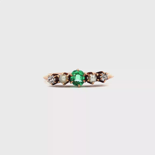 Antique Edwardian Emerald Diamond and Pearl Multi-Stone Ring in 14k gold.