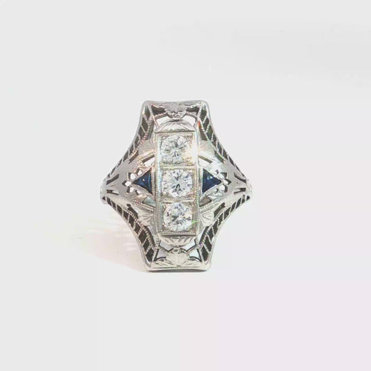 Antique Art Deco Shield Ring with Sapphire and Diamonds in 18k White Gold