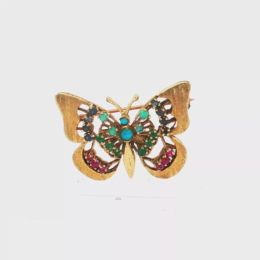 Yellow Gold Butterfly Brooch with Turquoise and Gemstone Accents