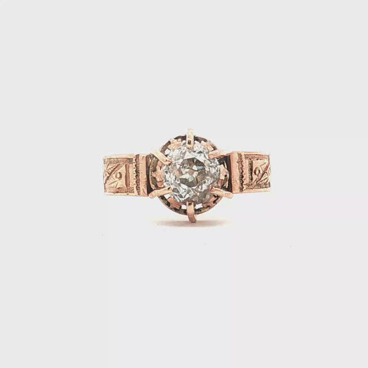 Antique Victorian Engraved Old Mine Cut Diamond Solitaire in 14k Gold
