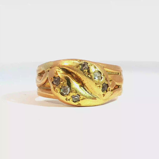 Antique Victorian Double Snake Old Mine Cut Diamond Ring in 18k Yellow Gold