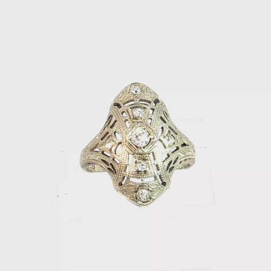 Antique Art Deco Filigree Shield Ring in 18k White Gold