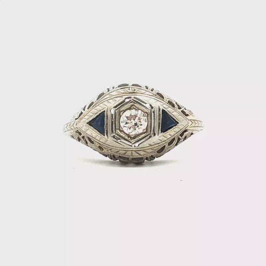 Antique Art Deco Diamond and Sapphire Filigree Cocktail ring in 18k White gold