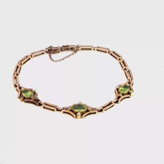 Antique Victorian Peridot and Pearl Accent Solid Gold Link Bracelet