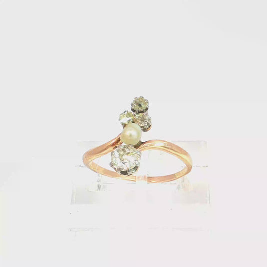 Antique Edwardian Old Mine Cut Diamond and Pearl Bypass Ring in 14k Rose Gold