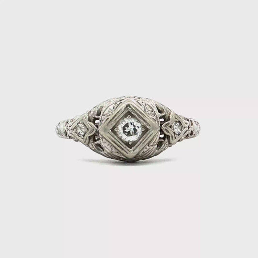 Antique Art Deco Filigree Diamond Ring in 14k White Gold