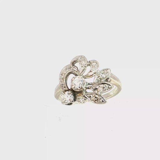 Floral Motif Natural Diamond Retro Cocktail Ring in 14k White Gold