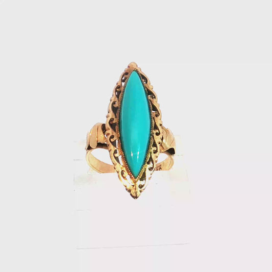 Antique Victorian Marquise Turquoise Filigree Cocktail Ring in 14k Yellow Gold